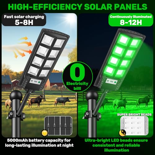 Solar Hog Lights for Night Hunting - 12000LM Green Outdoor Light with Remote, Waterproof Motion Sensor, 4-Pack
