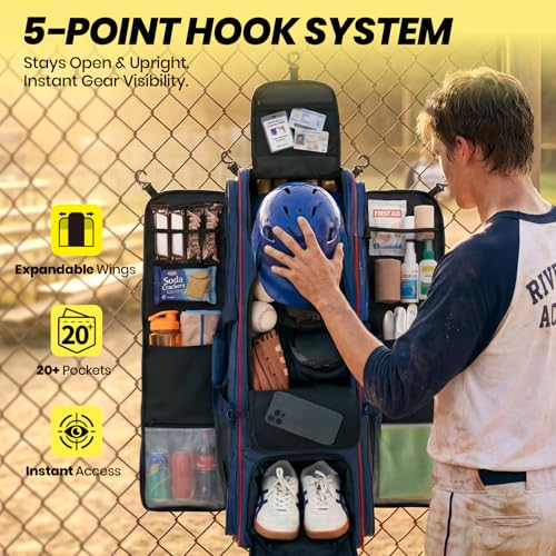 Fanwoli Pro Navy 100L Baseball Catchers Gear Bag with Organizer & 5-Hook Dugout