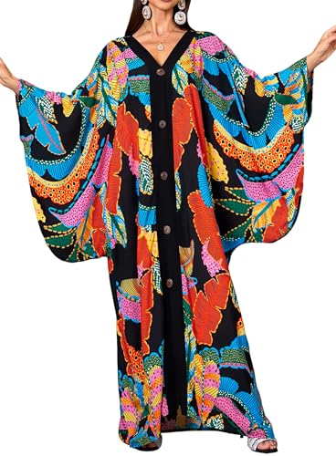 Women's V Neck Kaftan Dress Batwing Sleeve Cover Up Side Slit Swimsuit One Size Black with Colorful Leaves