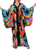Women's V Neck Kaftan Dress Batwing Sleeve Cover Up Side Slit Swimsuit One Size Black with Colorful Leaves
