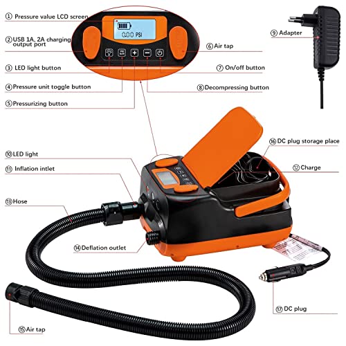 Rechargeable Electric SUP Pump 16PSI Portable Inflator/Deflator for Paddle Boards & Kayaks