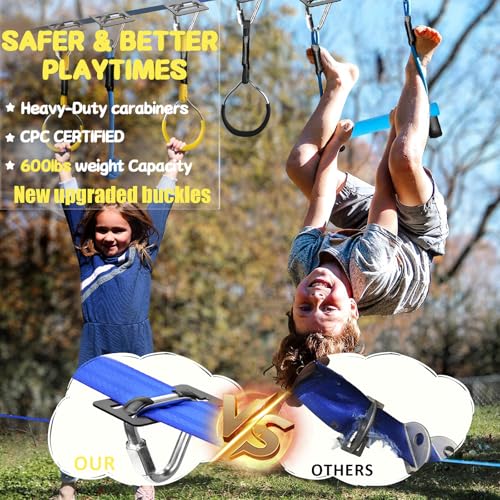 Blue Line Ninja Warrior Obstacle Course Kit for Kids - 8 Obstacles, 2x56ft Slackline Set with Quick-Install Buckles