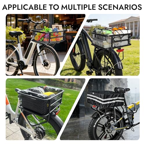 Large Waterproof Bike Basket with Reflective Cover & Cargo Net for E-Bikes