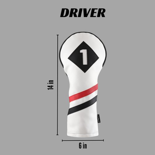 Majek Retro Golf Headcover White Red and Black Vintage Leather Style 1 Driver Head Cover Fits 460cc Drivers Classic Look