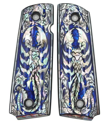 1911 Pistol Grips with Blue Mother of Pearl Art Works - Full Size Fits Colt Kimber Springfield Remington Taurus