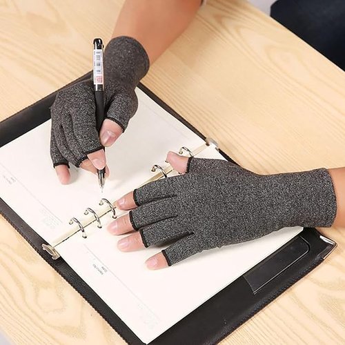 Sieafan 2 Pairs Bamboo Compression Gloves - Bamboo Arthritis Gloves for Men Women - Fingerless Compression Gloves (Black+Gray, Large)