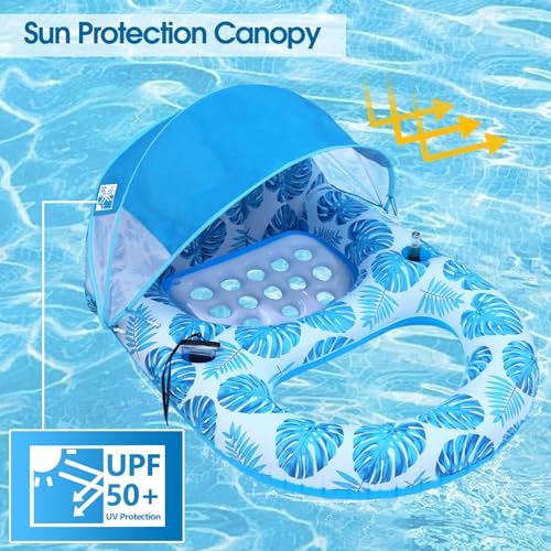 Blue Pool Lounge Float with Canopy - Extra Large Adult Inflatable Float with Cup Holder & Backrest
