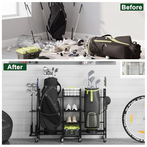 Neatolgrid Golf Bag Storage Rack for Garage - Dual Bag Organizer with Wheels