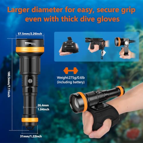 Zoomable Diving Flashlight with Adjustable Beam - Waterproof, Long Battery Life