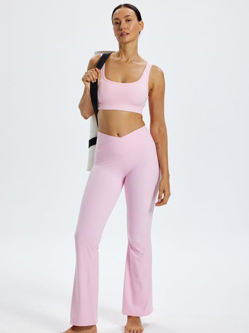 Omwilddo Ribbed U Back Sports Bra for Women Padded Cotton Blend Light Support Soft Yoga Bralette Moisture Wicking Cami Light Pink M