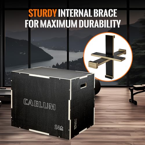 CAELUM 3-in-1 Black Wooden Plyometric Jump Box - 24 x 20 x 16 inches, Non-Slip Gym Equipment