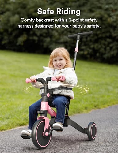 Pink 4-in-1 Toddler Tricycle with Push Handle for 1-3 Year Olds, Baby Balance & Ride Bike