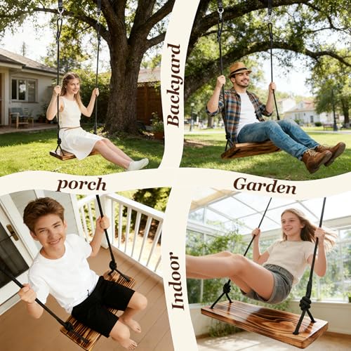 Aspelev 24x8 Carbonized Wooden Tree Swing Seat - Heavy Duty 500 lb Capacity, Adjustable Rope & Straps for Indoor & Outdoor Use