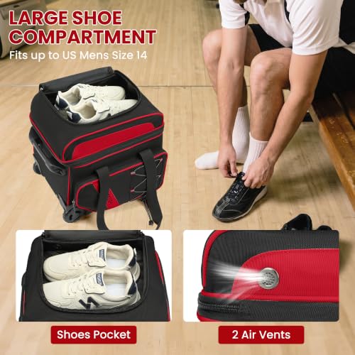Red 2-Ball Bowling Bag with Wheels and Detachable Tote - Organizing and Transport