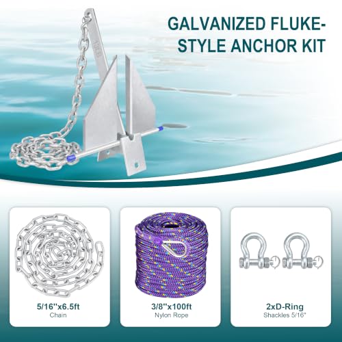 AmarinePlay 13LB Boat Fluke Danforth Anchor Kit for 20-32ft Boats with Chain Rope Shackles