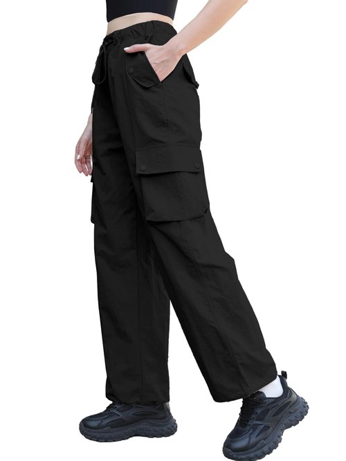 Cromoncent Women's High Waist Parachute Pants Y2K Cargo Trousers with Pockets for Womens, Black, M