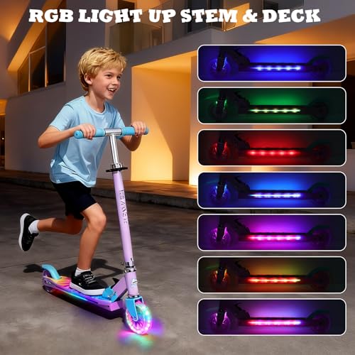LEADER RIDER Purple Kids Foldable Light-Up Scooter, Adjustable Height, 3-Color LED Wheels
