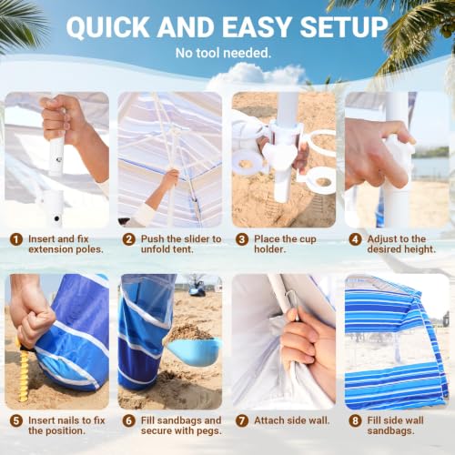 Aomifunny 8x8 Ft Beach Cabana Sun Shelter with UPF 50+ Side Wall - Portable Wind-Resistant Family Tent