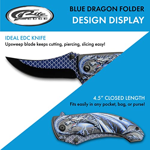Blue Assisted Opening Folding Knife with Dragon Design - 8-Inch EDC Utility Knife
