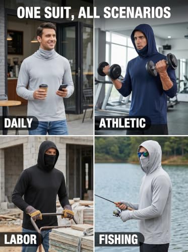 Men's Sun Protection Fishing Hoodie with Face Mask UPF 50+ Long Sleeve Quick Dry - Large Black White Gray Pack of 3