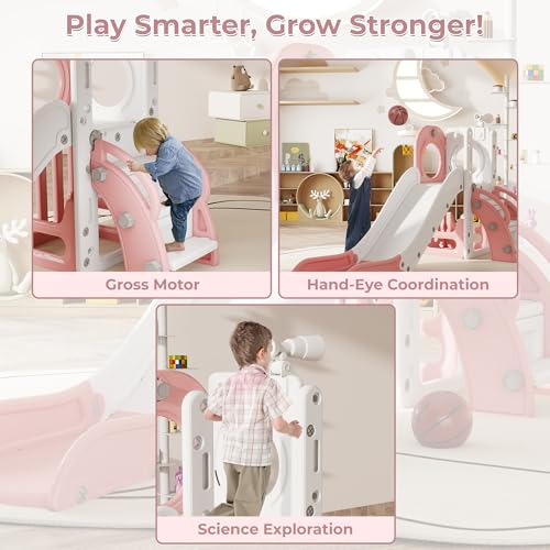 Indoor Toddler Slide 6-in-1 Playset with Basketball Hoop & Storage - Pink-New