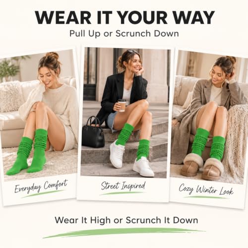 Women Slouch Socks - Cozy Scrunch Long Stack Socks, 80s 90s Style, Medium Thick Green