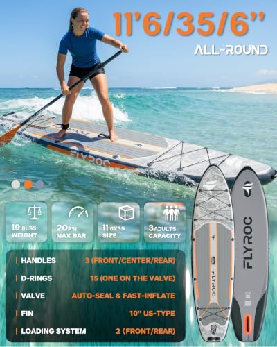 Flyroc Jungle Gray 11'6" x 35" Extra Wide Inflatable Paddle Board for All Skill Levels - 450lb Capacity with 3 Paddles, Backpack, Dry Bag