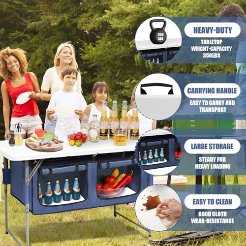 4ft Foldable Camping Table with Adjustable Height & Storage Organizer