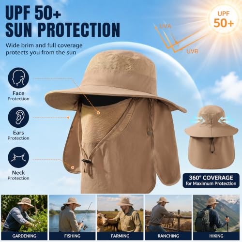 Men's Sun Hat Fishing Boonie Hat UPF 50+ Wide Brim Outdoor Work Hat Khaki