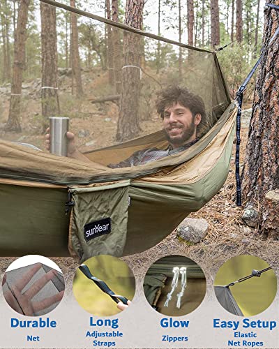 Sunyear Double Camping Hammock with Rain Fly Tarp and Net - Green Bundle 78"W x 118"L