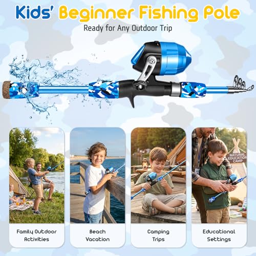 Kids Telescopic Fishing Pole Kit with Backpack, Tackle & Accessories - Blue, 4.92 ft