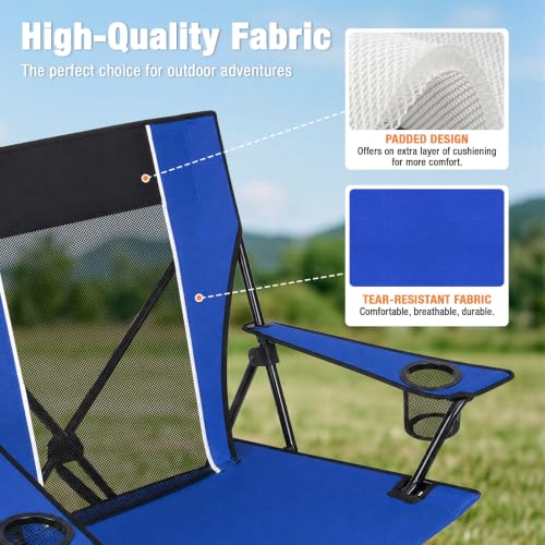 Romswi Large Blue Foldable Camping Chair with Mesh Back & 2 Cup Holders - Outdoor & Portable 2-Pack