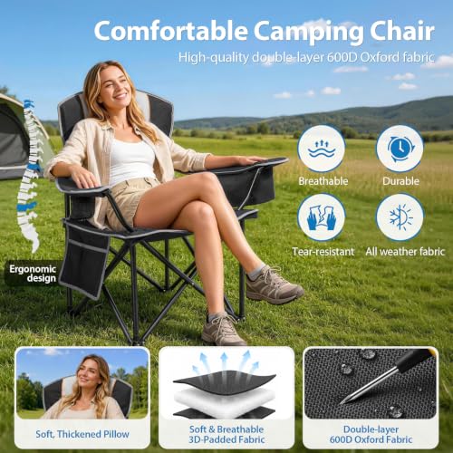 Oversized Camping Chair 2 Pack - Heavy Duty Support 500LBS, Black & Gray