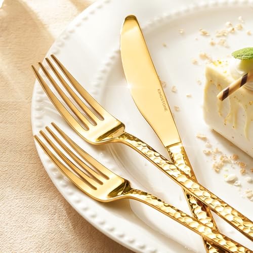 Gold 40-Piece Flatware Set for 8 - Hammered Stainless Steel Cutlery by KINGSTONE