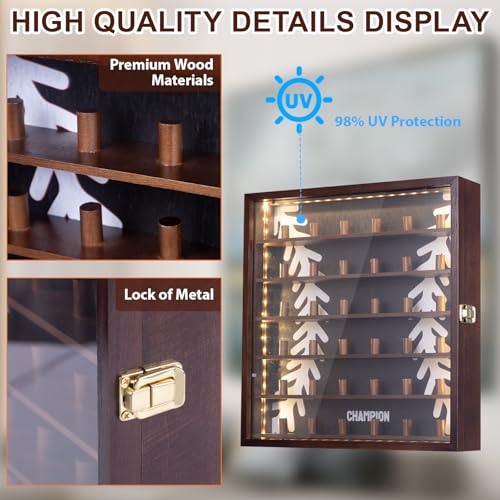 Wooden Championship Ring Display Case with LED Lights, Wall Mount, Holds 36 Rings