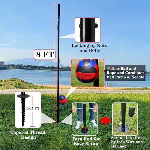 Heavy Duty Portable Tetherball Set with Poles, Ball, Rope & Ground Stakes for Outdoor Play