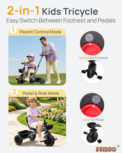 KRIDDO 2-in-1 Parent Steering Toddler Tricycle Grey for Ages 1.5-5 Years