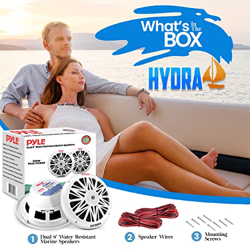 Pyle 8-Inch Marine Waterproof Speakers - 300W Power, Weather Resistant, Dual Cone, White, PLMR82