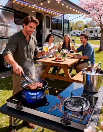 Xunda 2 Burner Portable Propane Gas Stove 28,000 BTU Camping Cooktop with Tempered Glass