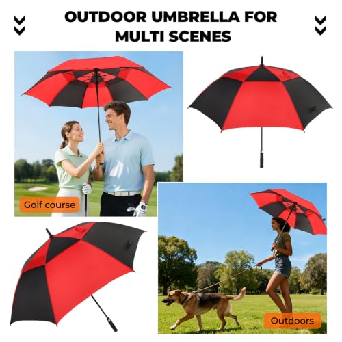 Golf Umbrella 54-72 Inch Windproof Waterproof Double Canopy Auto Open Black/Red 72 Inch