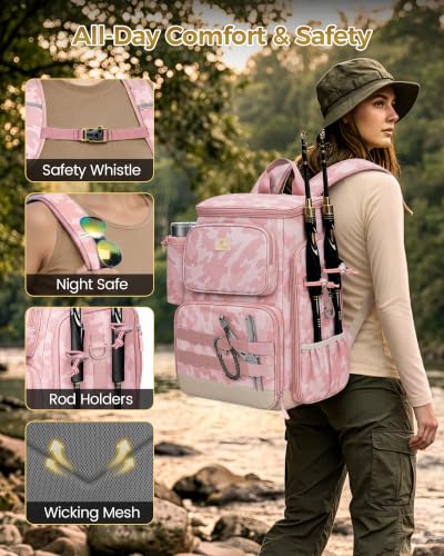 Pink Camouflage Fishing Backpack with 4 Tackle Boxes and Insulated Cooler
