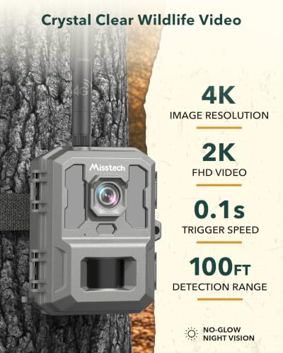 Misstech 4G LTE Cellular Trail Camera for Wild & Farm Monitoring, 0.1s Motion-Activated, Mountain Gray 1-Pack