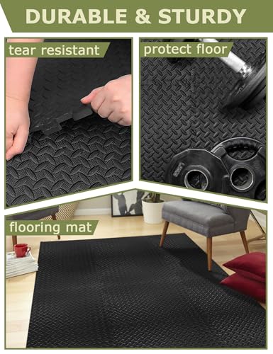 innhom 12 Black Interlocking Gym Floor Tiles - 48 Sq. Ft. Exercise Mats
