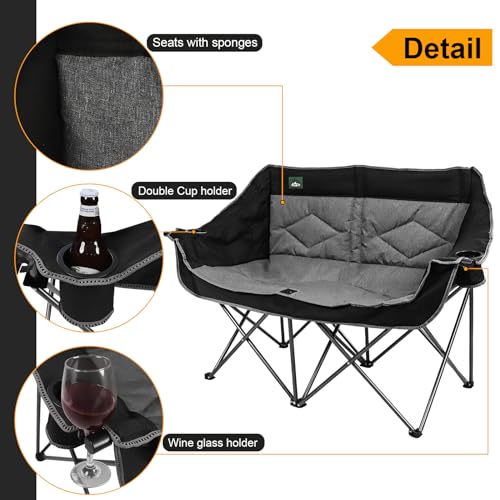 Northroad Black & Grey Folding Loveseat Camping Chair for 2 with Cup & Wine Glass Holders