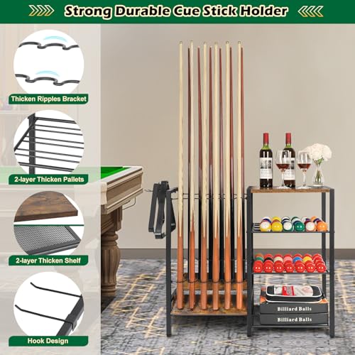 12 Cue Stick Pool Cue Rack Holder Stand with Ball & Accessory Storage - Black Variation