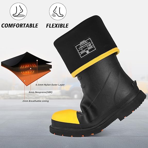 Trudave Steel Toe Rubber Work Boots for Men - Waterproof, Anti-Slip, Black, Size 6-14