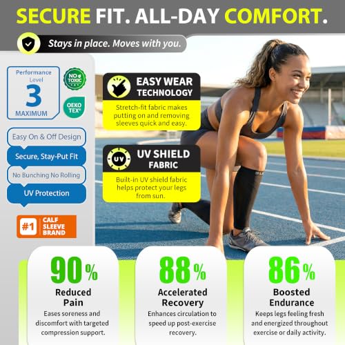 Calf Compression Sleeves for Running & Swelling Relief - Black Small-Medium - 3 Pairs