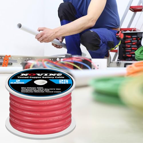 NOVINO 2 AWG Marine Battery Cable 25ft Red Tinned Copper Welding Wire