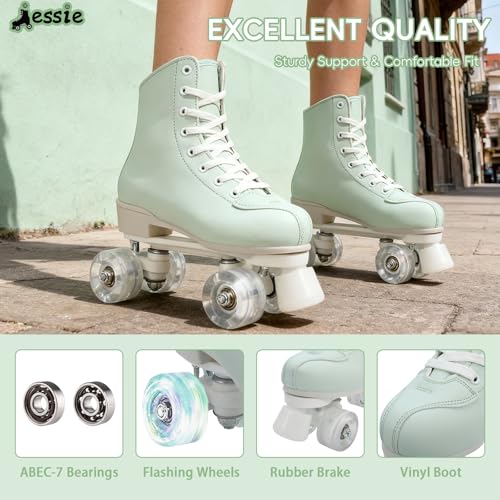 jessie Outdoor Roller Skates Women Adult with Light-Up Wheels, High Top PU Leather Skates with ABEC-7 Bearings for Indoor/Outdoor Skating, Ideal for Beginners(Green White, 39-24.5cm/9.55in)