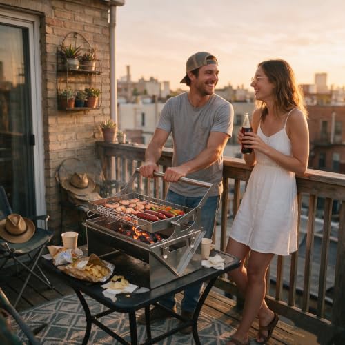 Portable 360° Rotating Charcoal Grill with Flipping Basket - Stainless Steel Camping BBQ